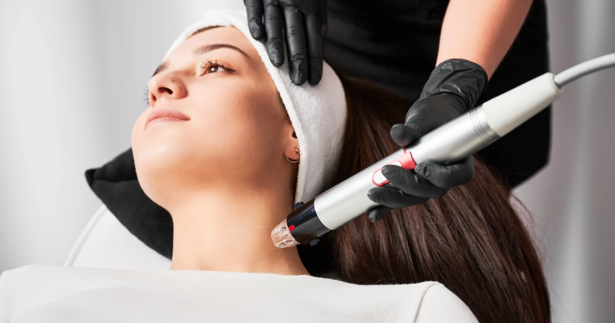 Woman receiving a neck skin treatment with a handheld device with Microneedling in Union, KY.